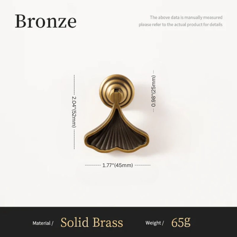 Bronze door handle with measurements on a white background