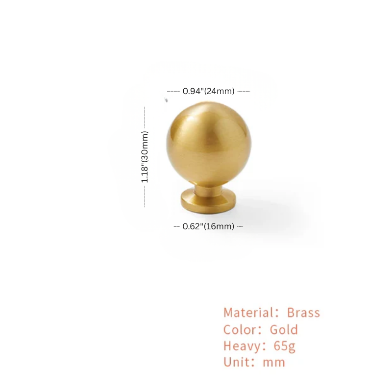Gold spherical object with measurements on a white background