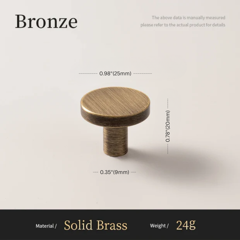 Bronze cabinet knob with dimensions and material details on a beige background