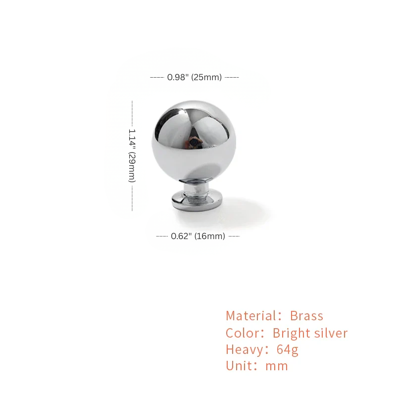 Metallic knob with dimensions and material details on a white background