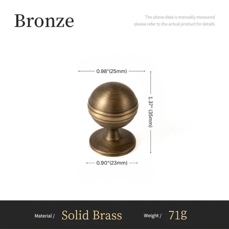 Bronze cabinet knob with measurements and material details on a white background