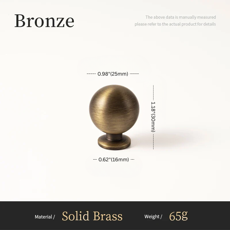 Bronze cabinet knob with dimensions and material details on a white background