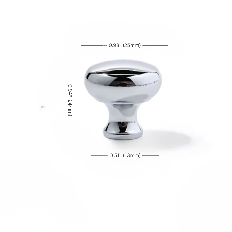 Chrome cabinet knob with dimensions on a white background