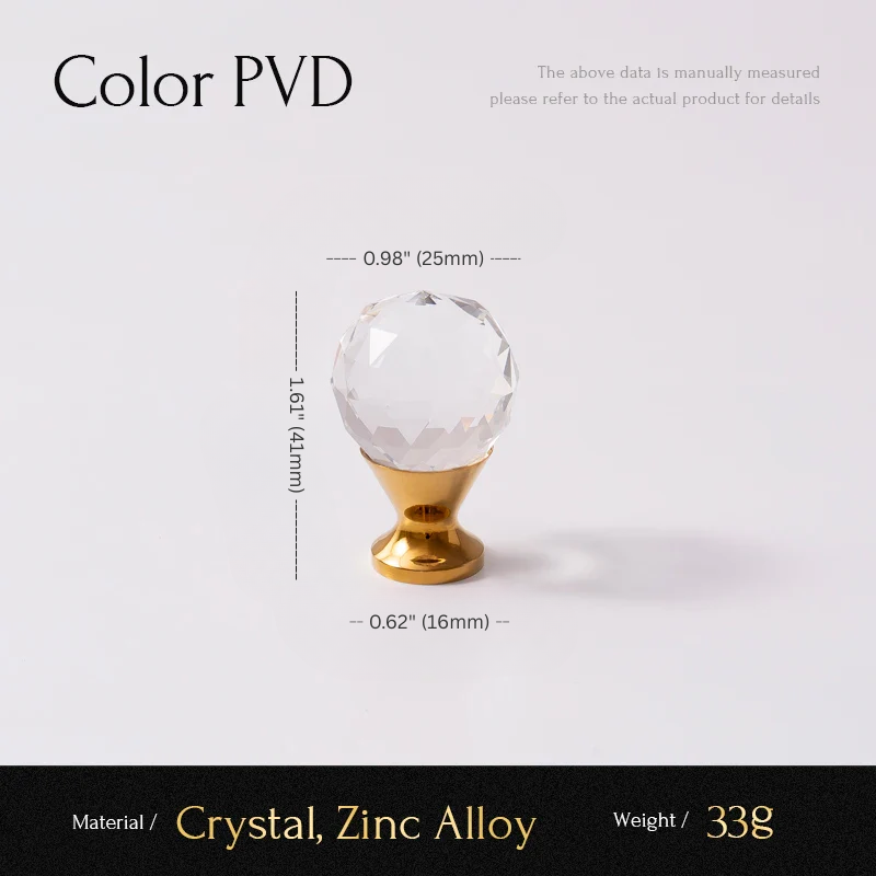 Crystal knob with gold base and measurements on a white background