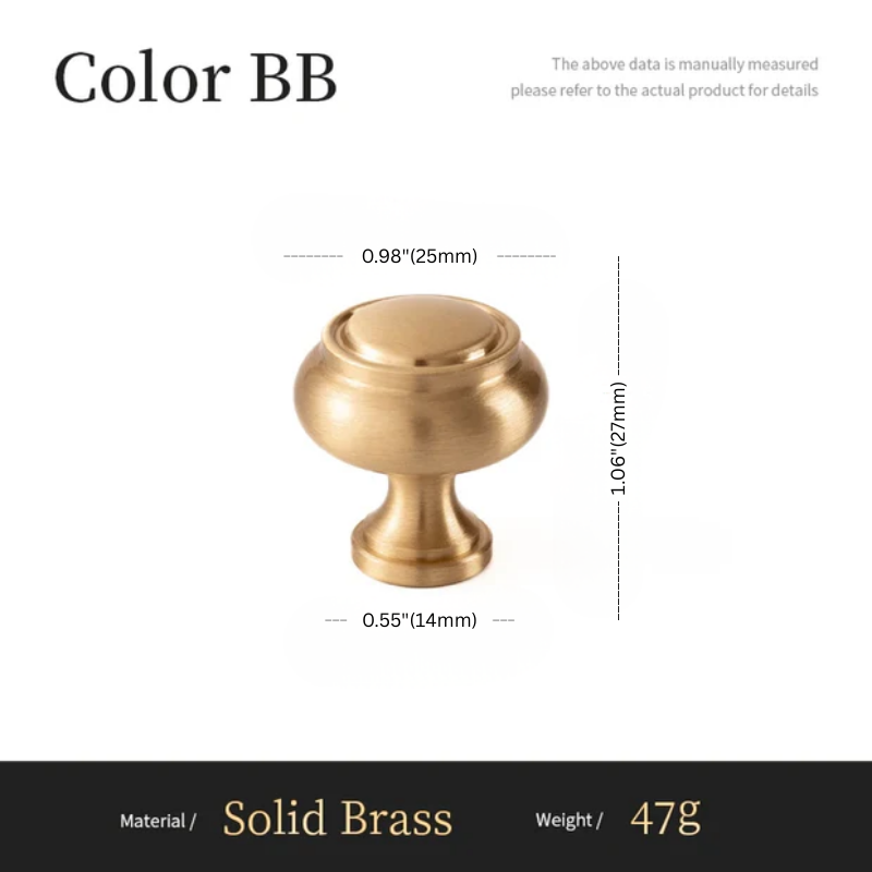 Solid brass cabinet knob with dimensions and material details on a white background