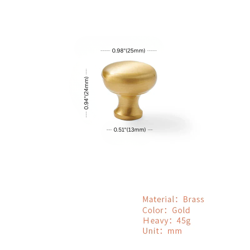 Gold cabinet knob with dimensions and material details on a white background