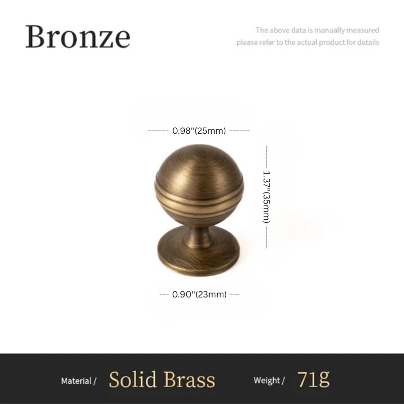 Bronze cabinet knob with measurements and material details on a white background