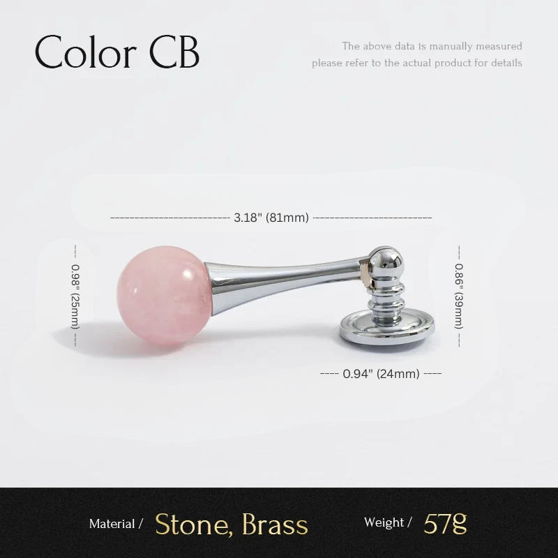 Measurement chart of a pink stone handle with silver accents on a white background.