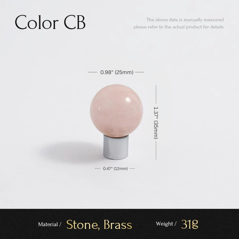 Pink knob with measurements and product details on a white background