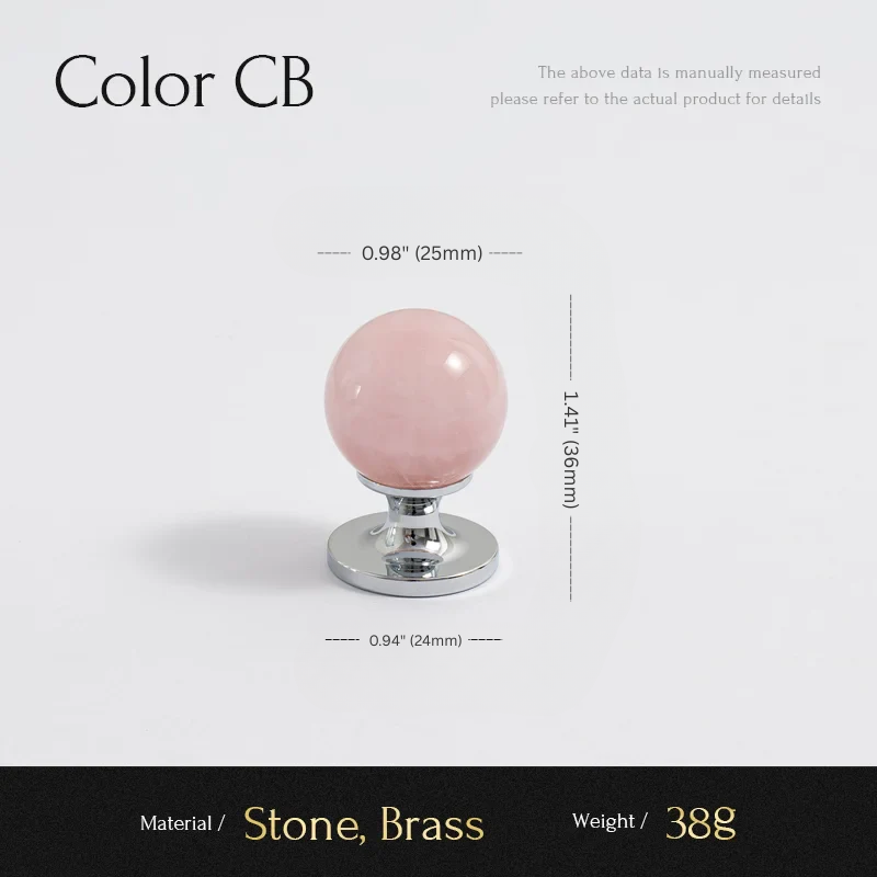Pink stone knob with measurements on a white background