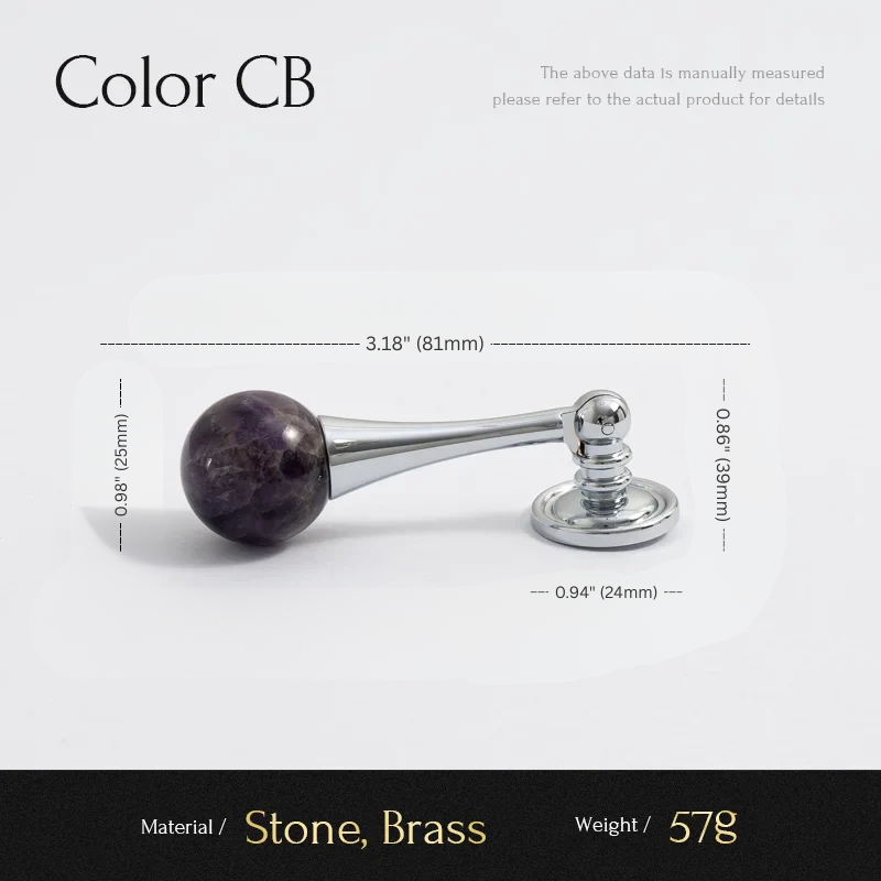 Measurement chart of a decorative item with stone and brass components on a white background.