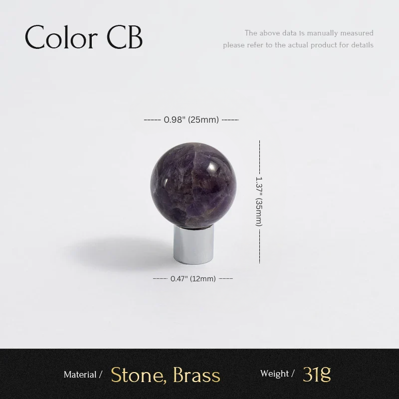 Measurement chart for a purple stone with brass base on a white background