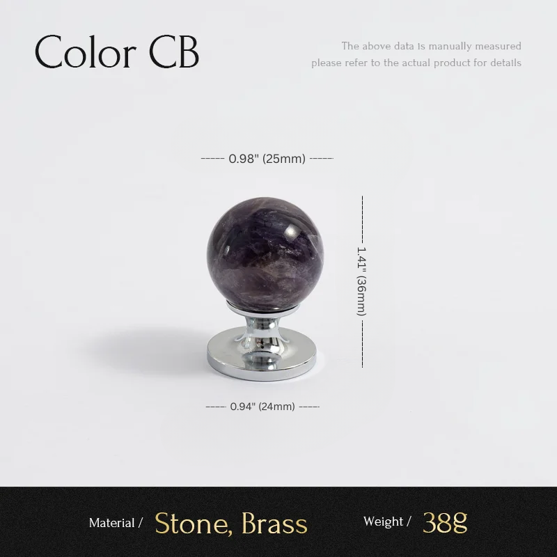 Measurement chart for a decorative item with a stone sphere and brass base on a white background.