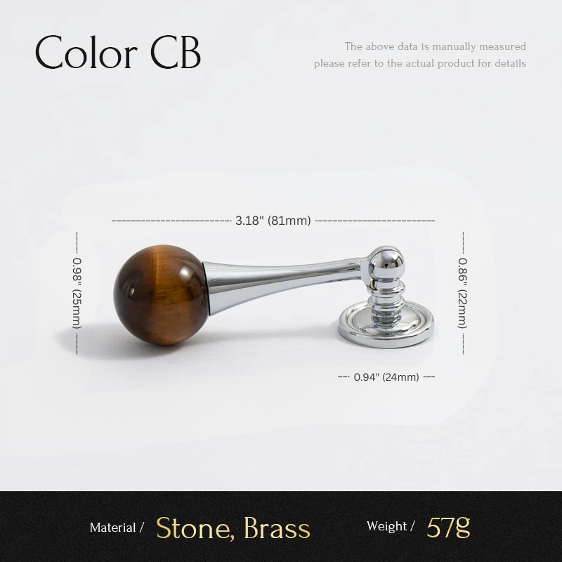 Decorative object with brown stone and silver brass components, shown with measurements on a white background.