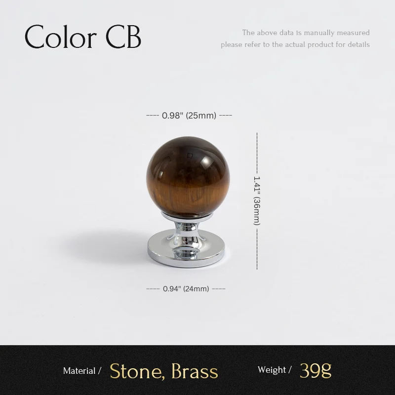 Measurement chart for a decorative object with stone and brass components on a white background.