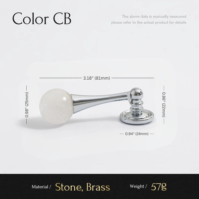 Measurement chart of a decorative item with stone and brass components on a white background.