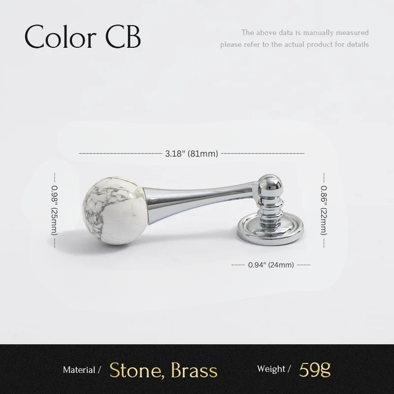 Measurement chart of a decorative knob with stone and brass components on a white background.