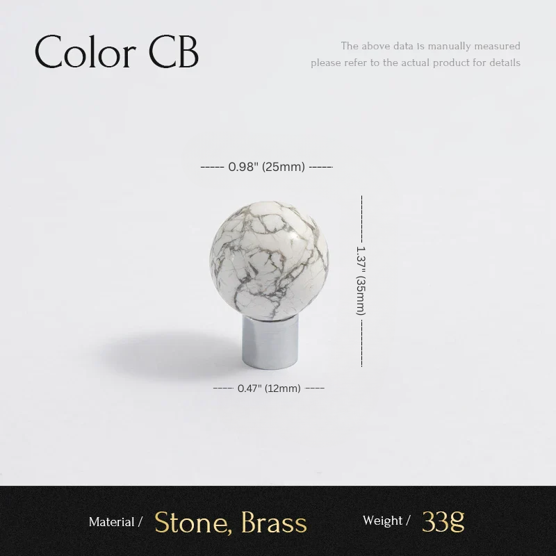 Marble-textured knob with measurements and material details on a white background