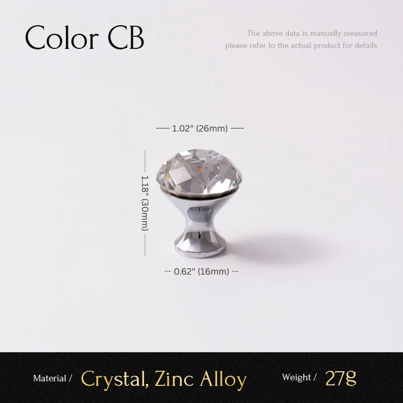 Crystal cabinet knob with measurements on a white background