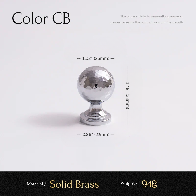Solid brass knob with measurements and material details on a light gray background