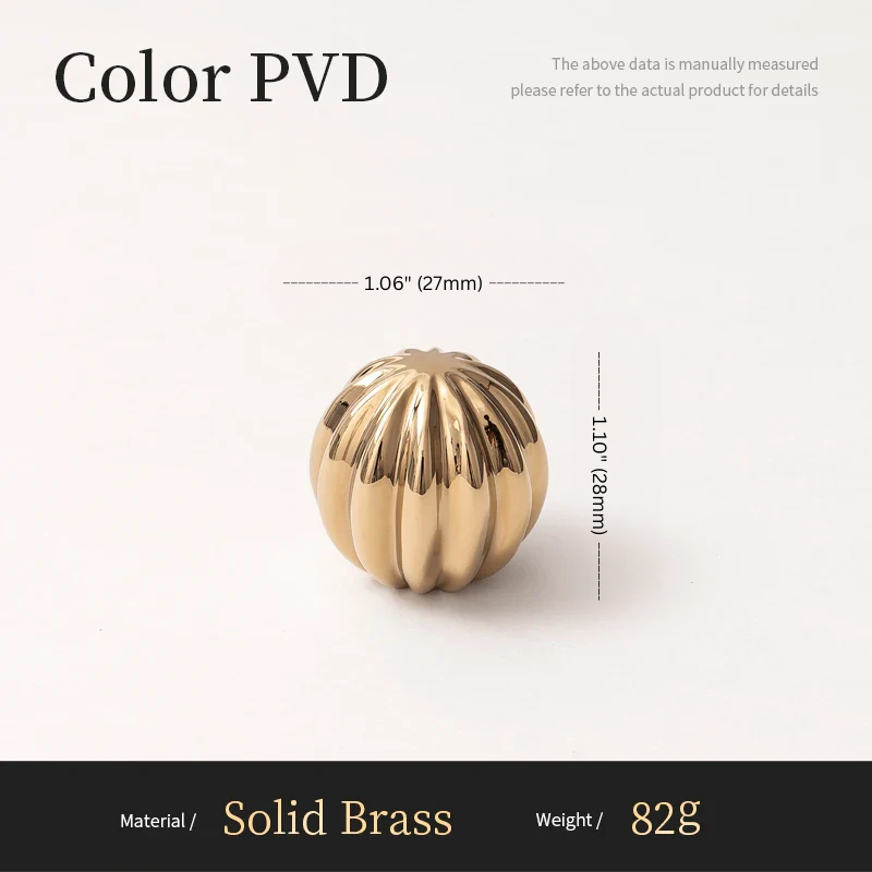Gold spherical object with measurements and material details on a white background