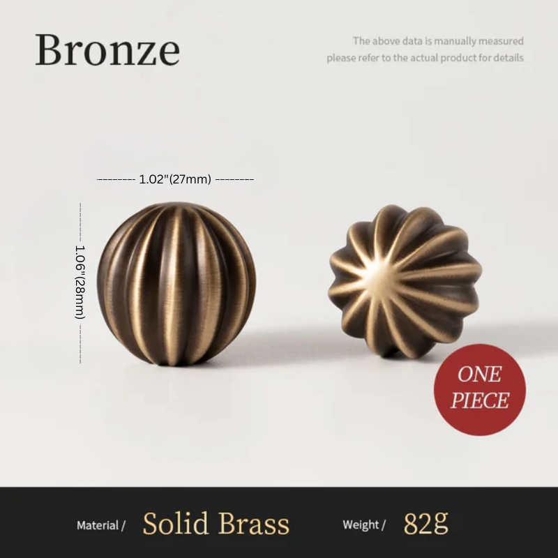Two bronze decorative pieces with measurements and material details on a white background