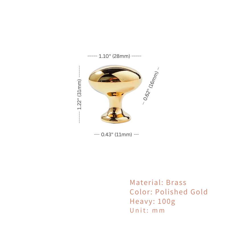 Gold cabinet knob with dimensions and material details on a white background