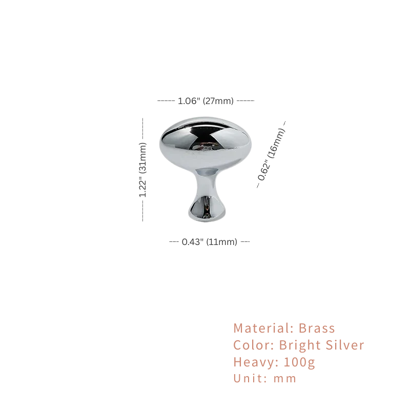 Chrome cabinet knob with dimensions and material details on a white background