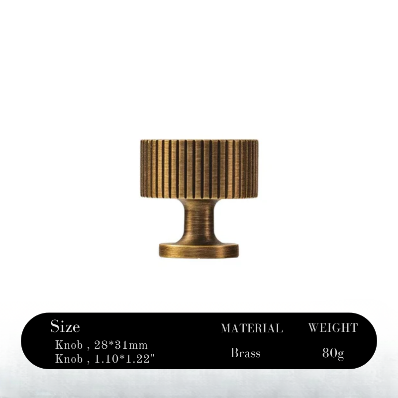 Brass knob with size, material, and weight information on a white background