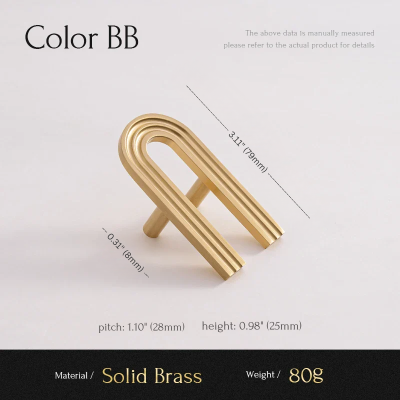 Gold metal object with measurements on a white background