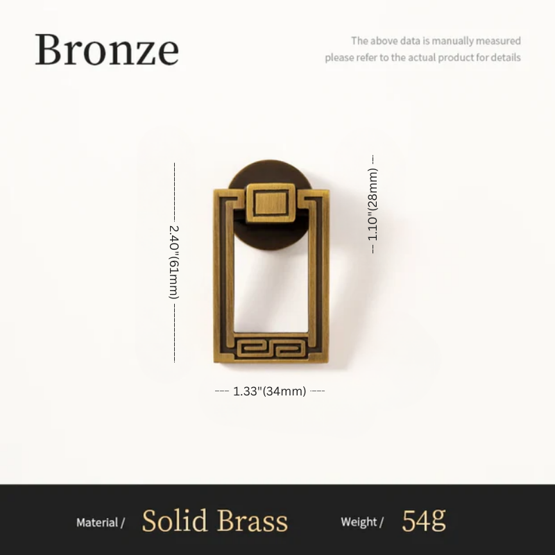 Bronze door knocker with dimensions and material details on a white background