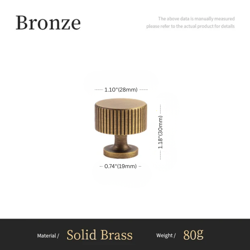 Bronze knob with measurements on a white background