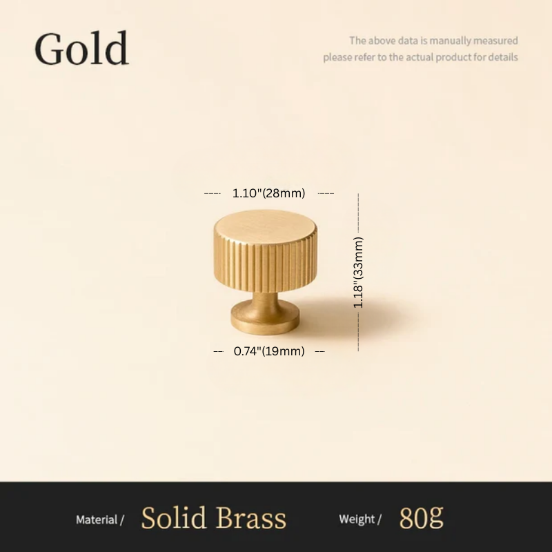 Gold cabinet knob with measurements on a beige background