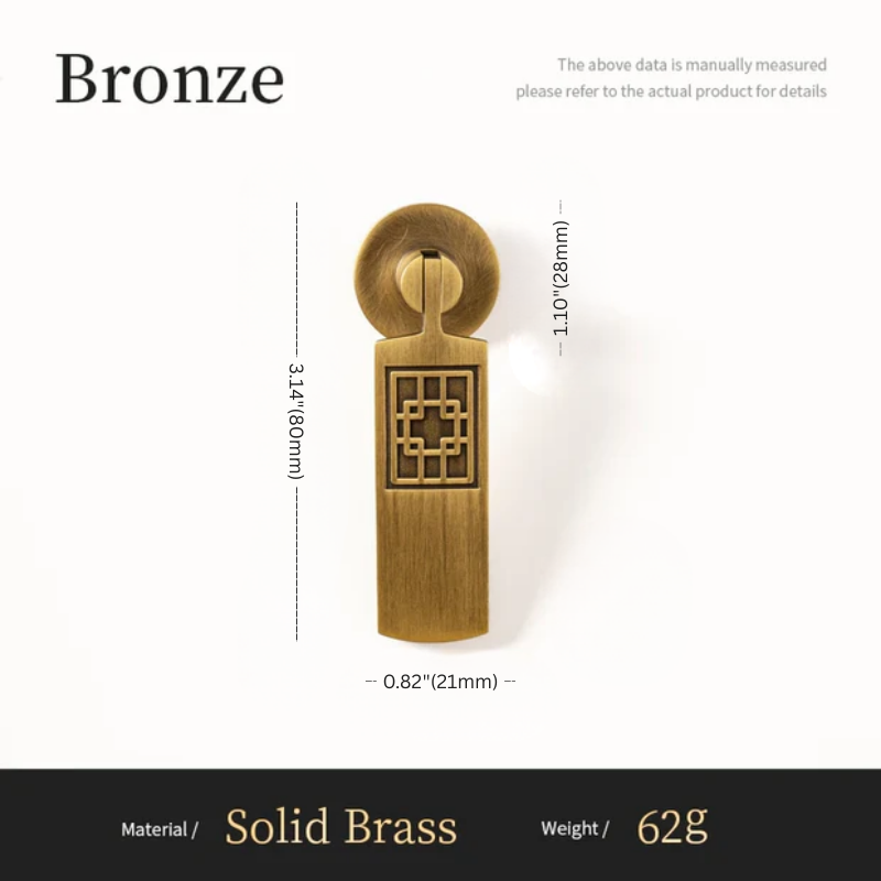 Bronze door handle with dimensions and material details on a white background