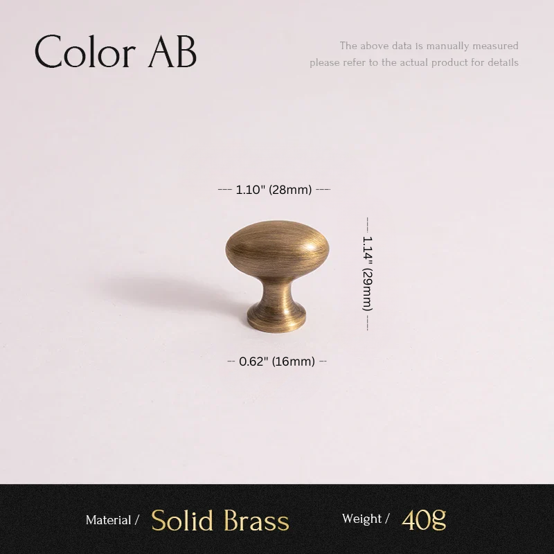 Brass cabinet knob with measurements on a light pink background