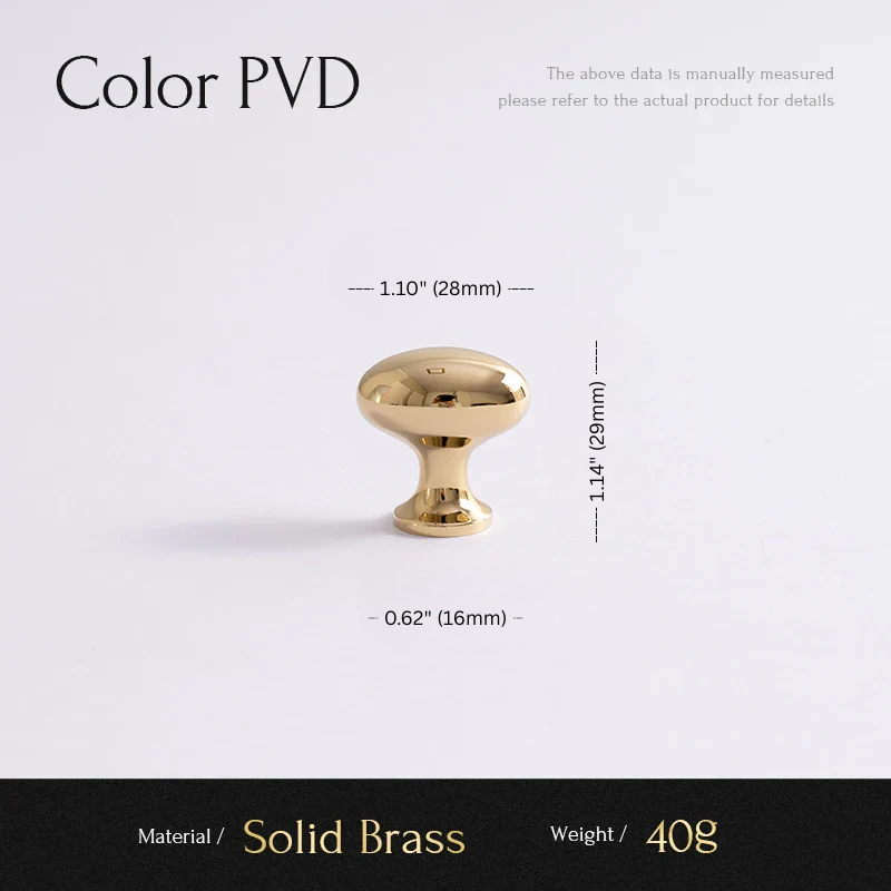 Gold cabinet knob with measurements and material details on a white background