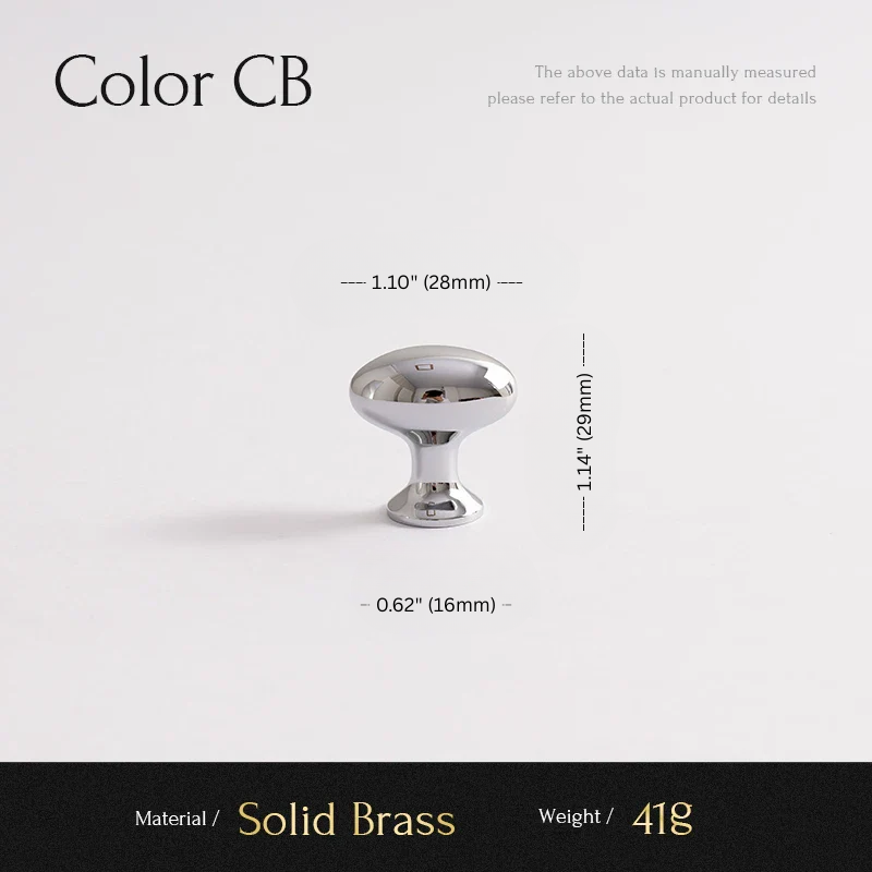 Solid brass cabinet knob with dimensions and material details on a white background