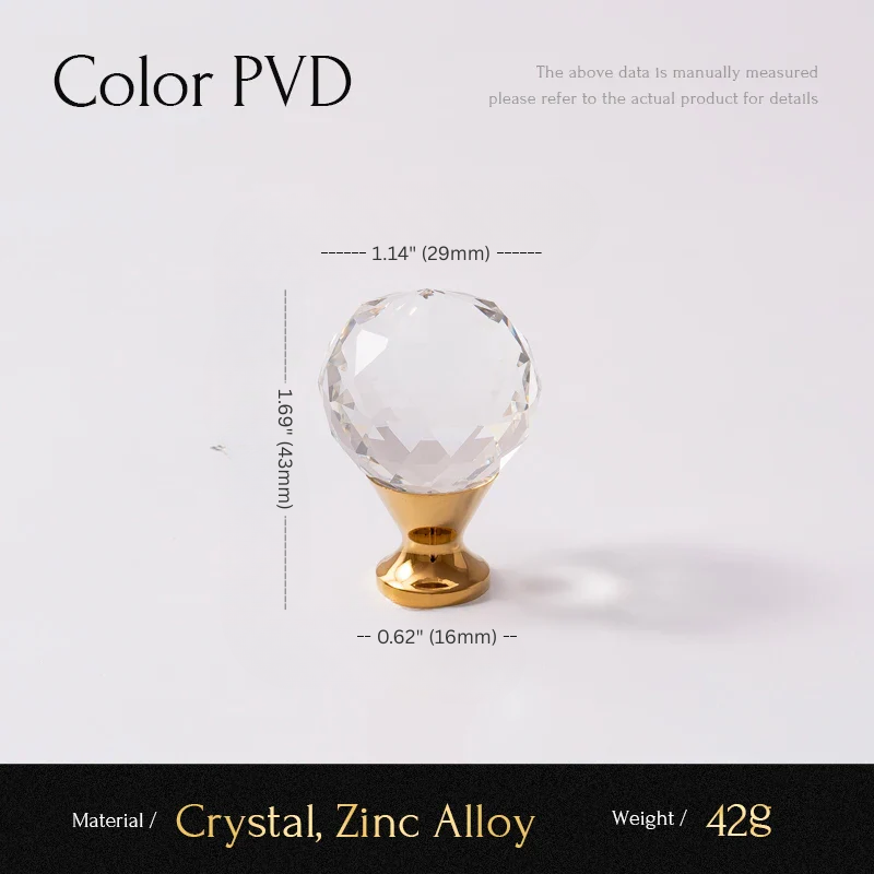 Crystal knob with gold base and measurements on a white background