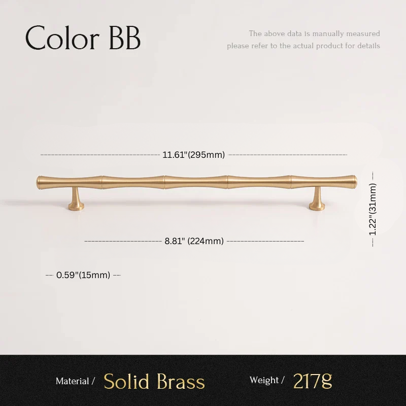 Gold cabinet handle with dimensions and material details on a white background