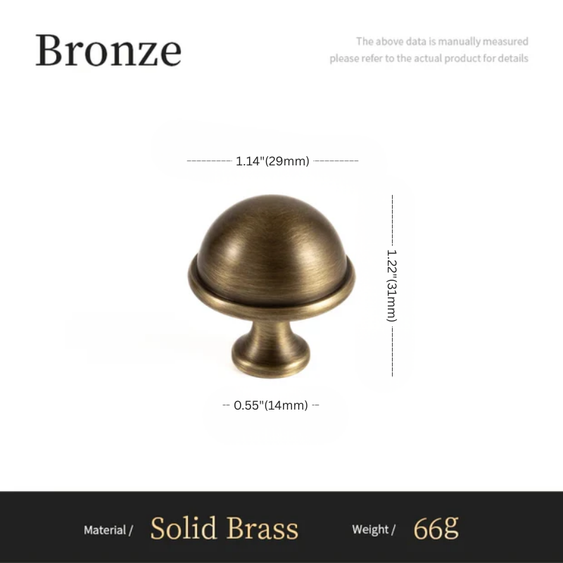 Bronze cabinet knob with measurements and material details on a white background