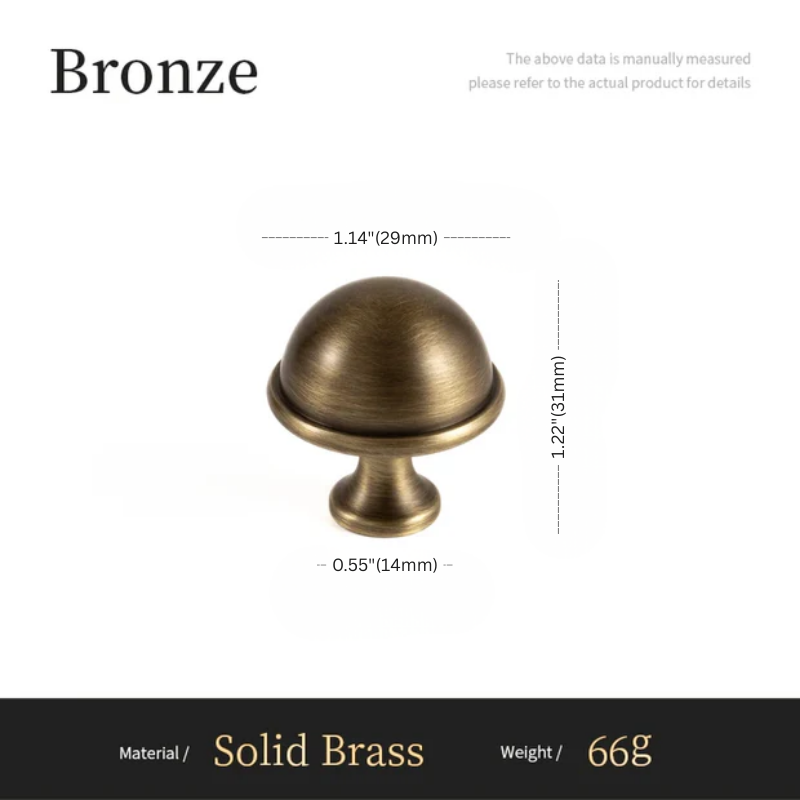 Bronze cabinet knob with measurements on a white background
