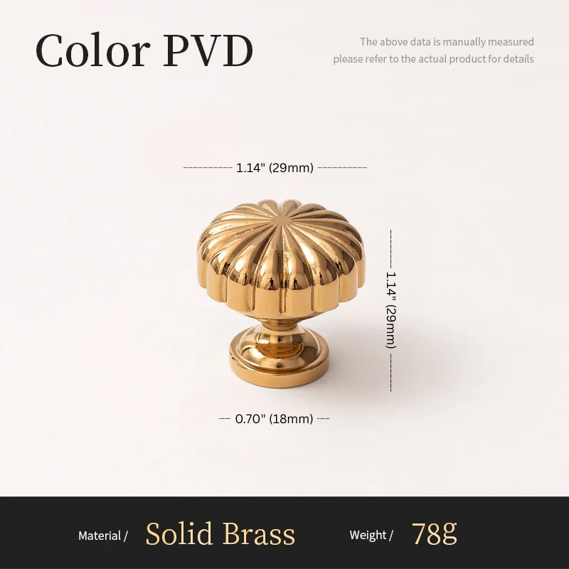 Gold cabinet knob with dimensions and material details on a white background
