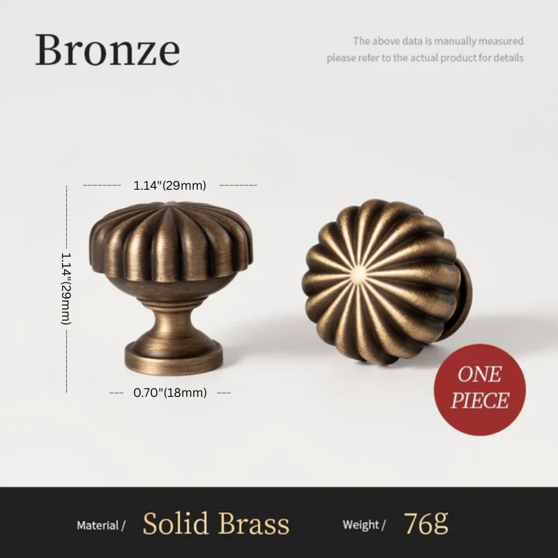 Bronze cabinet knobs with measurements and material details on a white background