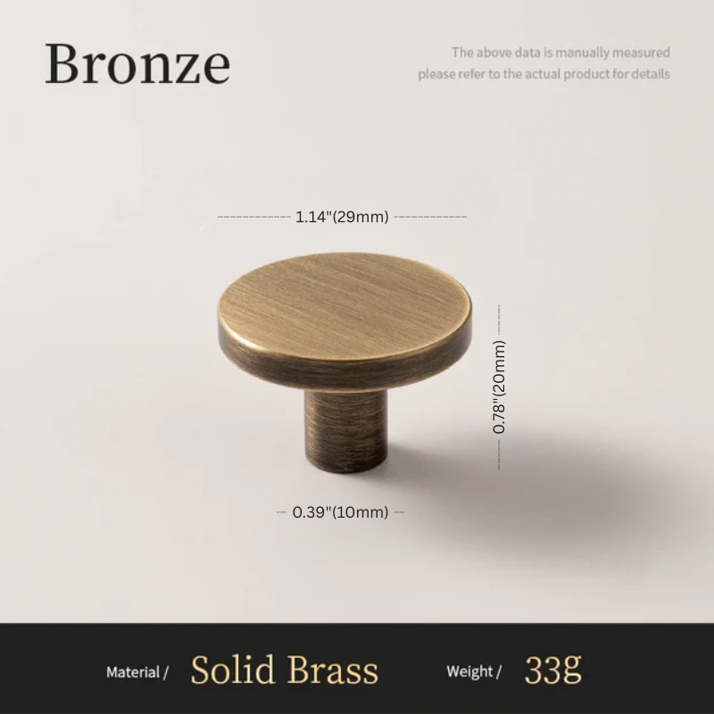 Bronze knob with measurements on a light gray background