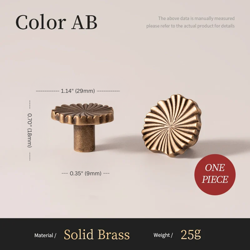 Two brass knobs with measurements and material details on a beige background