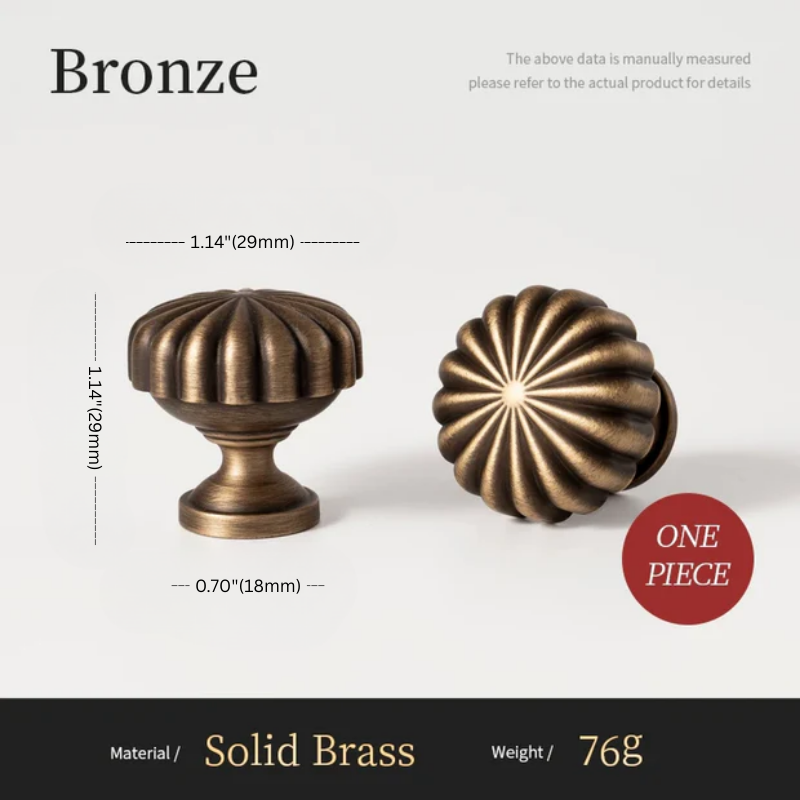 Bronze cabinet knobs with measurements and material details on a white background