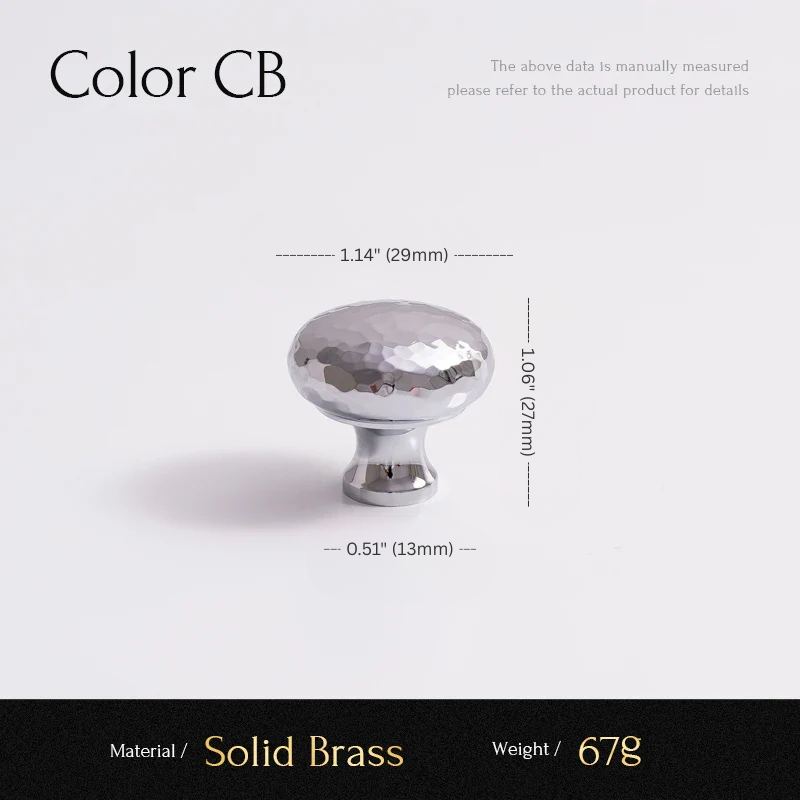 Solid brass knob with measurements on a light purple background