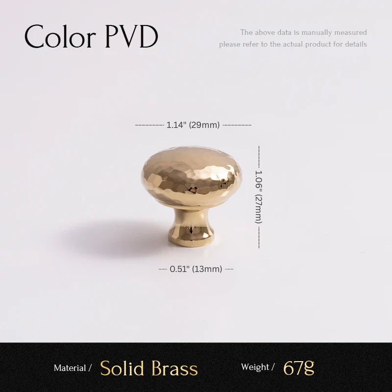 Gold cabinet knob with measurements and material details on a white background