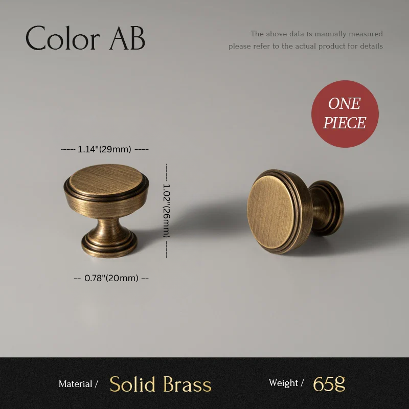 Two brass cabinet knobs with measurements and material details on a gray background