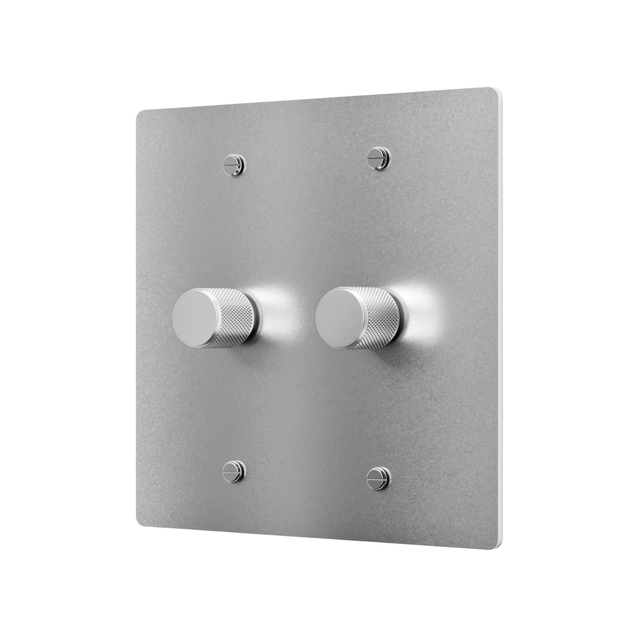 Metallic wall control panel with two knobs on a white background